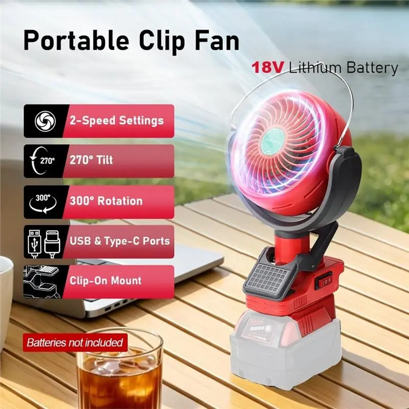 Portable Clip Fan Cordless Cooling Fan For 18V Battery, For Car, Home, Outdoor,Camping Battery Power