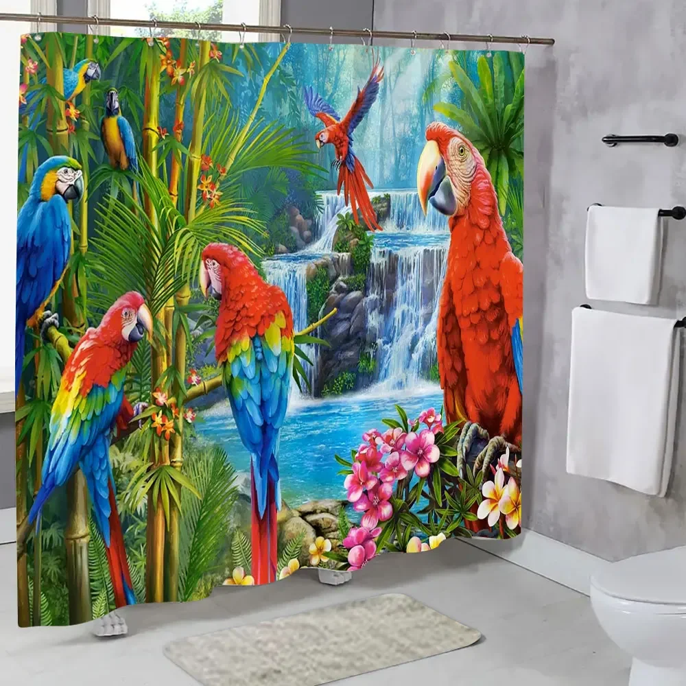 Popular Parrot Shower Curtain Mountain Waterfall Picturesque Colourful Animals Polyester Fabric Shower Curtains Bathroom Decor