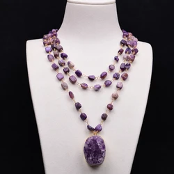 GG Uruguay 3 Rows Charoite Stone Purple Amethyst Pendant Necklace Handmade For Women 18'