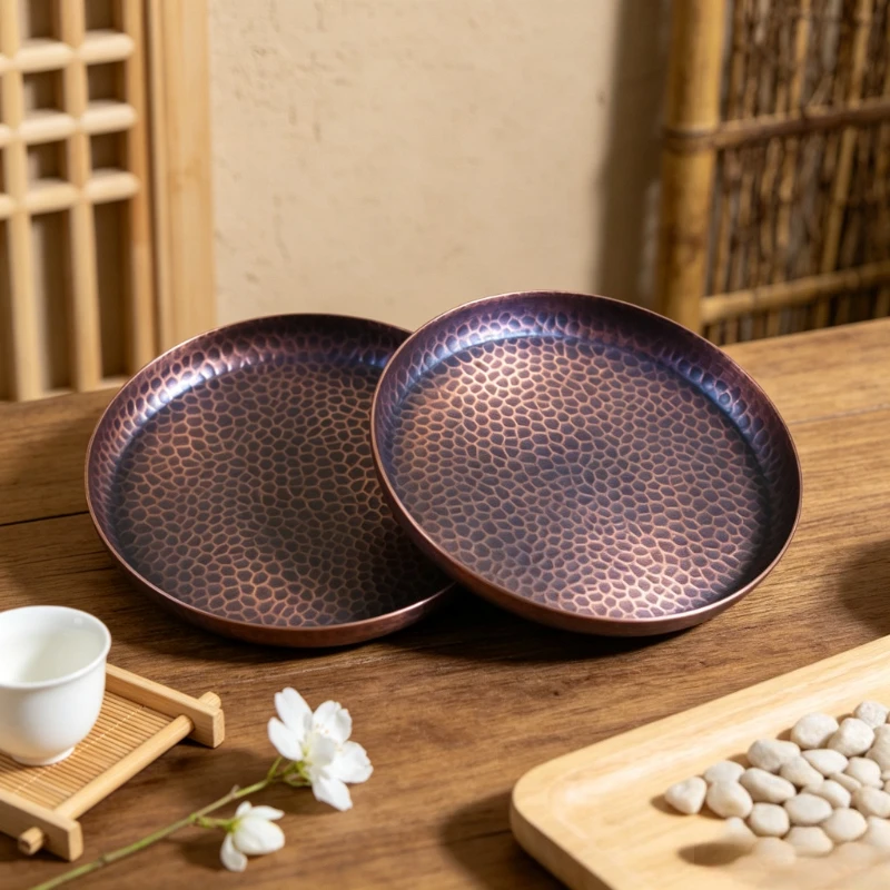 Minimalist Copper Plate Round Serving Tray for Restaurant Table Durable Heavy-Duty Dish for Kitchen Spice Condiment Holder Gift