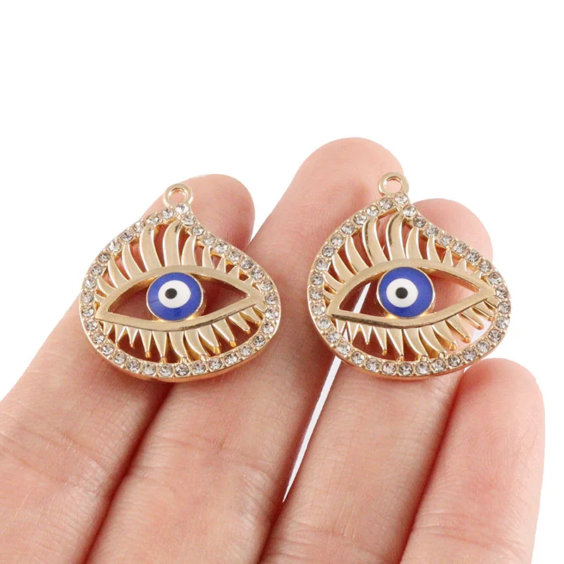 5Pcs Antique Gold Plated Hollow Eyelash Rhinestones Turkish Blue Evil Eye Charms Pendants For DIY Handmade Necklace Parts