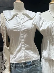 Lace Trim White Slim Short Sleeve Blouses Women Sweet Peter Pan Collar Waist Cinched Blouse Summer Preppy Style Casual Shirt Top