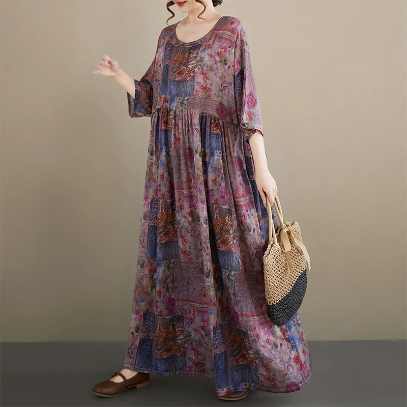 

Bohemian Casual Vacation Dress Loose Fit round Neck Short Sleeve Maxi Skirt Large Size Summer New Arrival Women's Dress