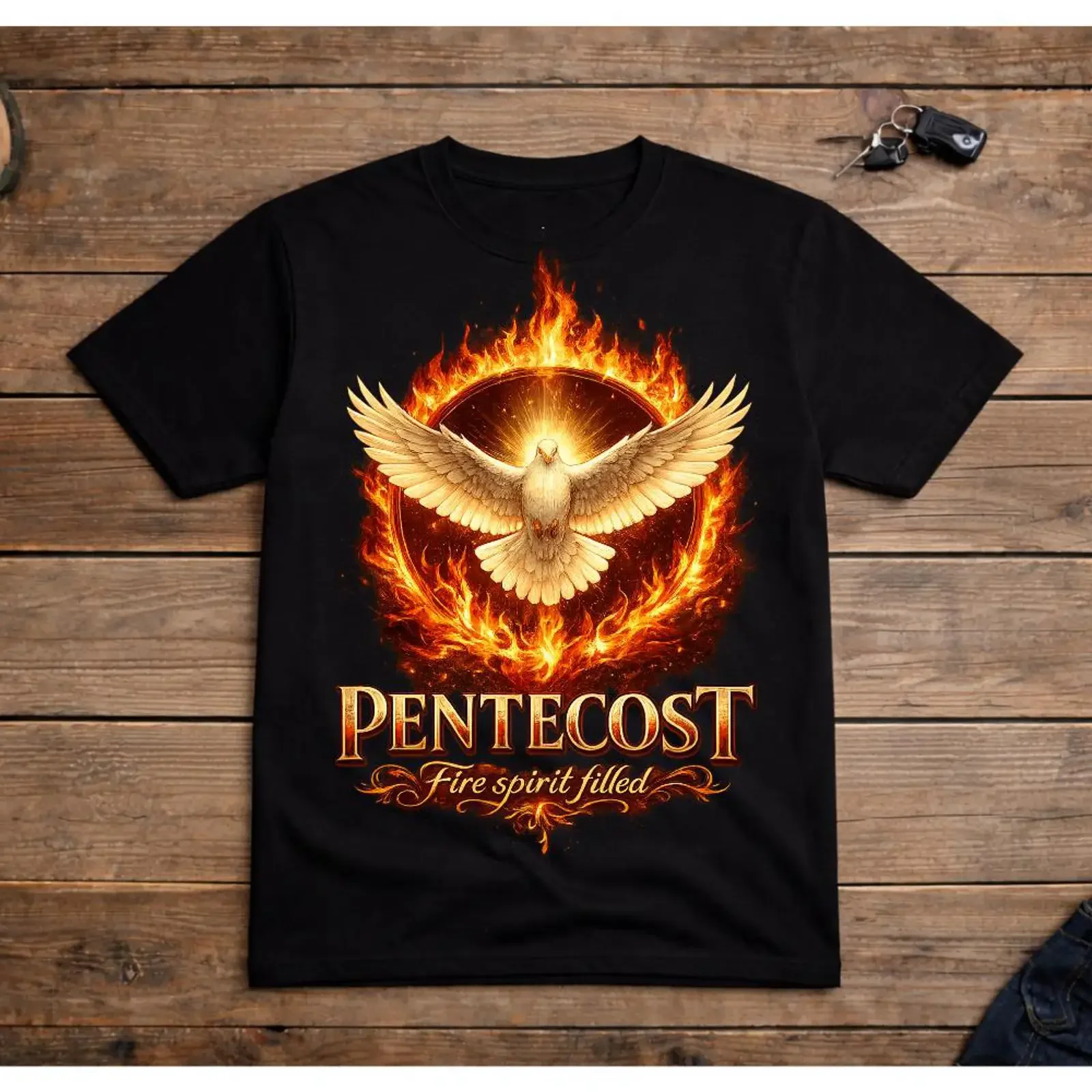 Pentecost Fire Spirit Filled Christian T-Shirt, Holy Dove Flame Faith Worship Religious für pentekostalische Gläubige, Vintage-Stil