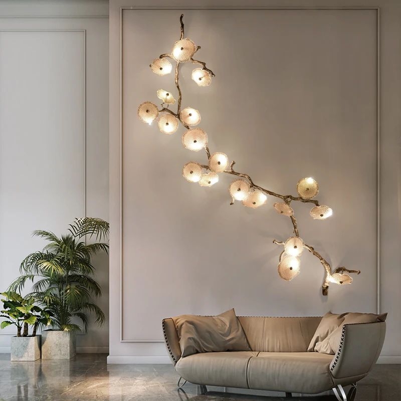 Light luxury all copper branch wall lamp stair background wall creative Chinese style building luxury villa living room lotus