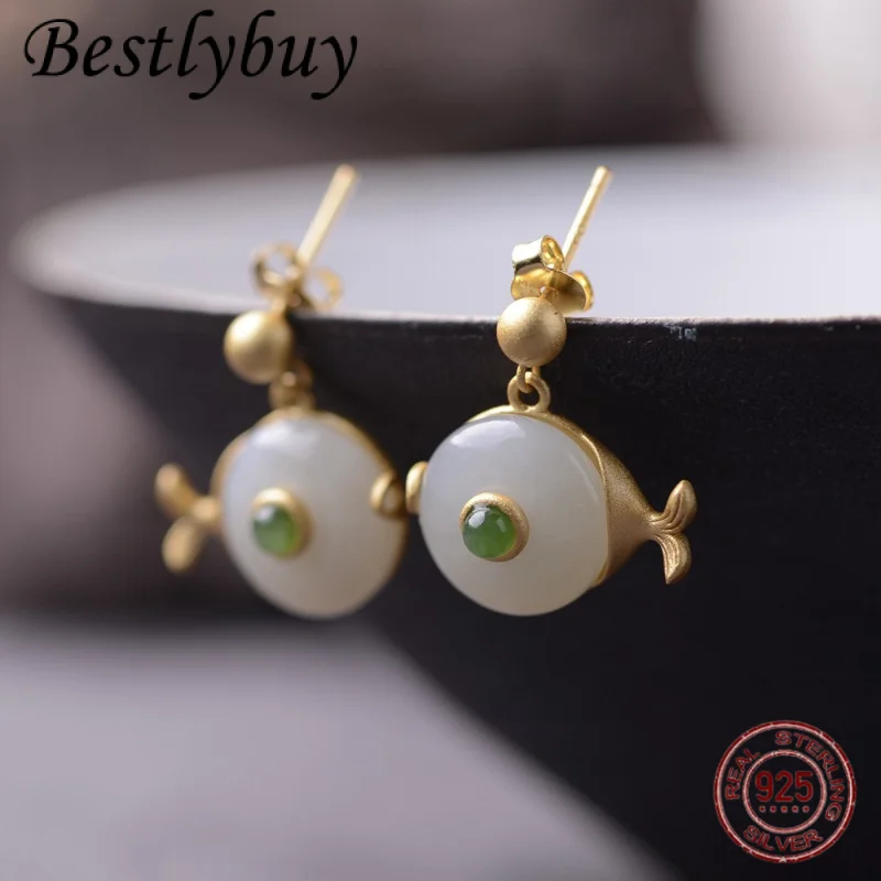 

genuine S925 Sterling Silver Gold-plated Natural Hotan Jade Cute Fish Earrings Women Fashion Creative Jewelry Gifts