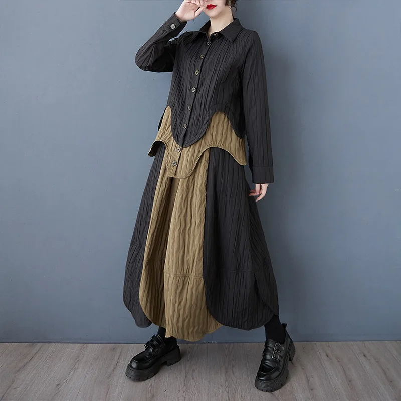

2025 Irregular Patchwork Single Breasted Matching Set Vintage Elastic Waist Full Sleeve Casual A-line Female Set