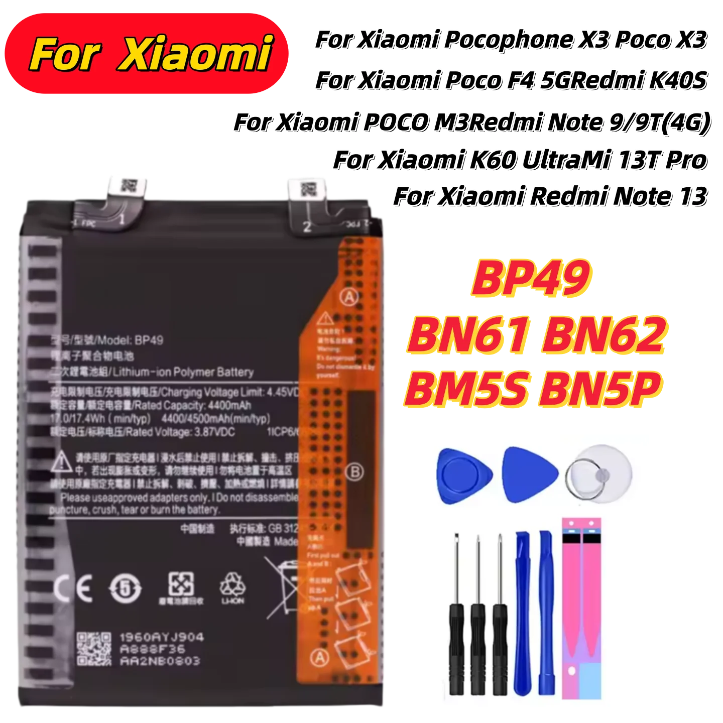 

Brand New Battery For Xiaomi K60 Ultra Pocophone X3 POCO X3 M3 F4 Mi 13T Pro Redmi Note9/9T 13 K40S Replacement Batteries+Tools