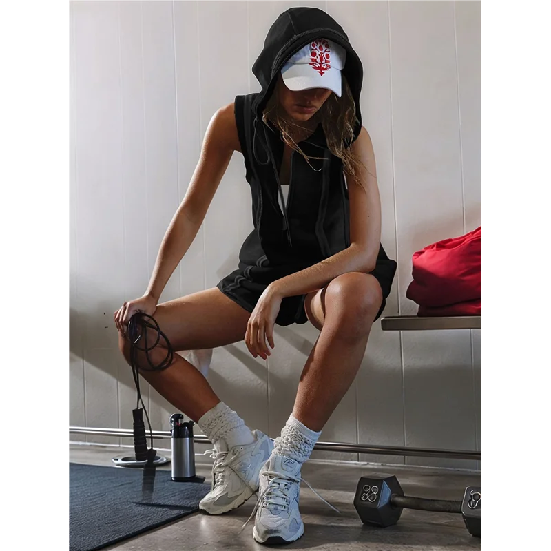 A83F-rompers voor dames atletische training romper met capuchon, casual jumpsuits met ritssluiting aan de voorkant, overall met zakken