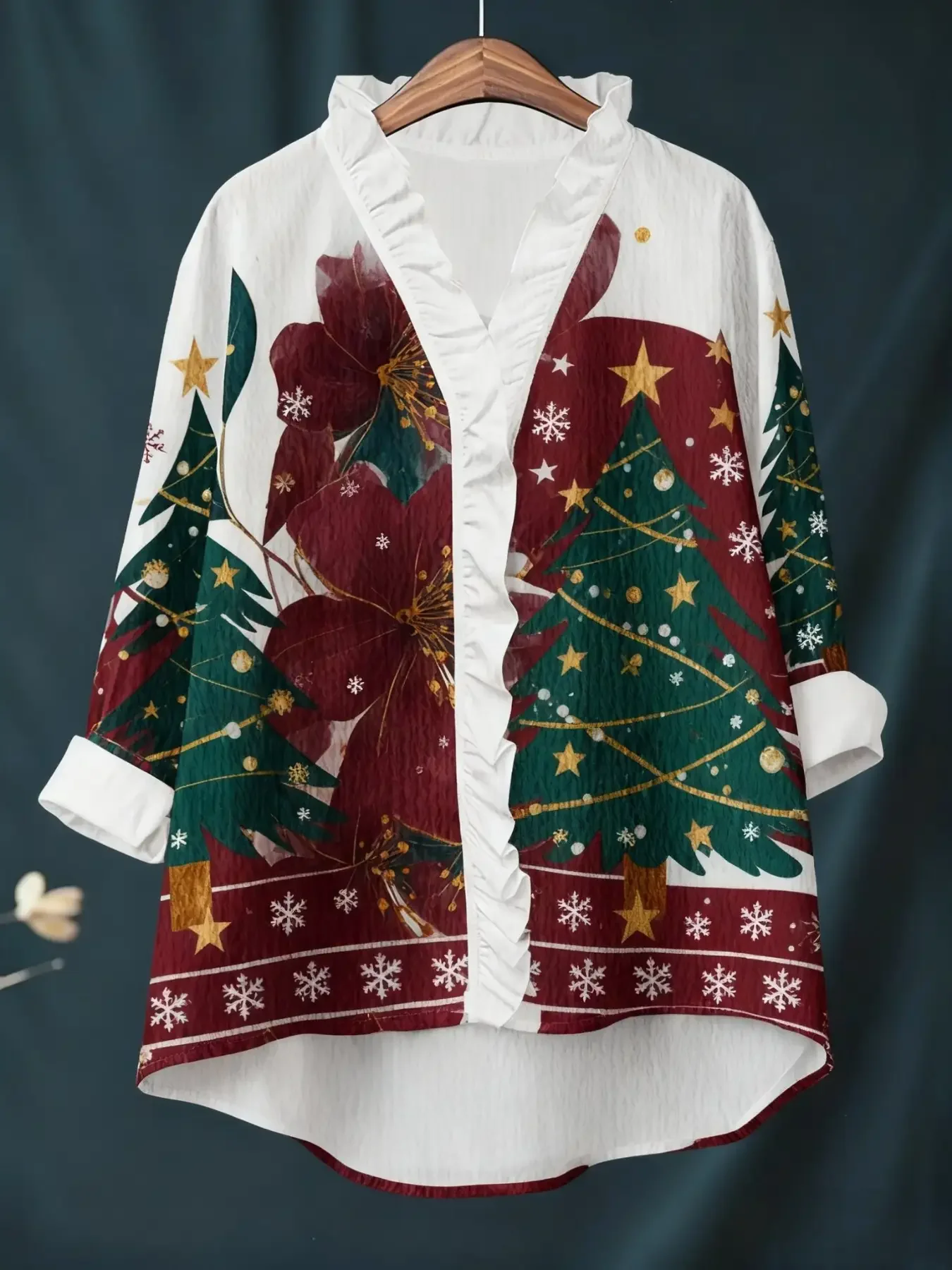 

Ladies' elegant V-neck ruffled short sleeved shirt ,loose fit | soft touch