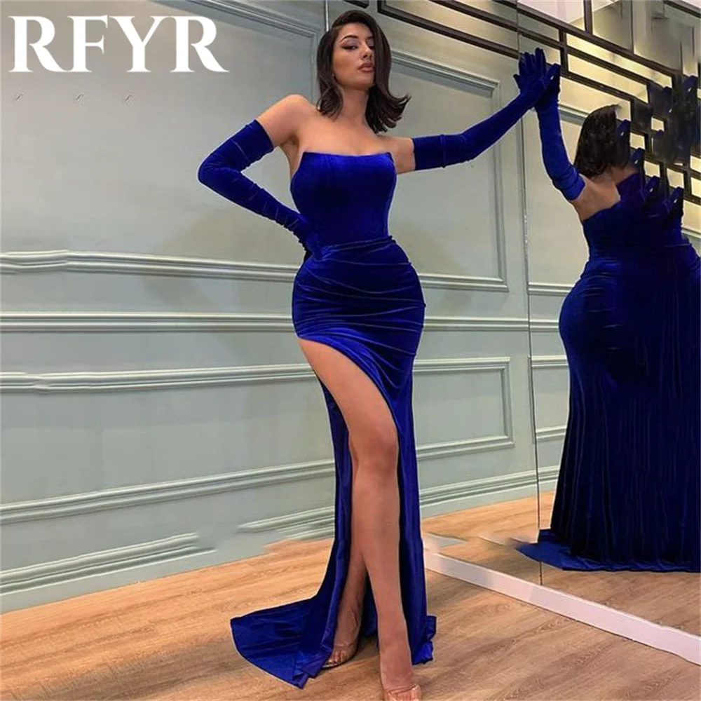 RFYR Dubai vestido de noche elegante azul con pliegues trompeta árabe Israel vestido de fiesta sin hombros vestido de fiesta Formal personalizado