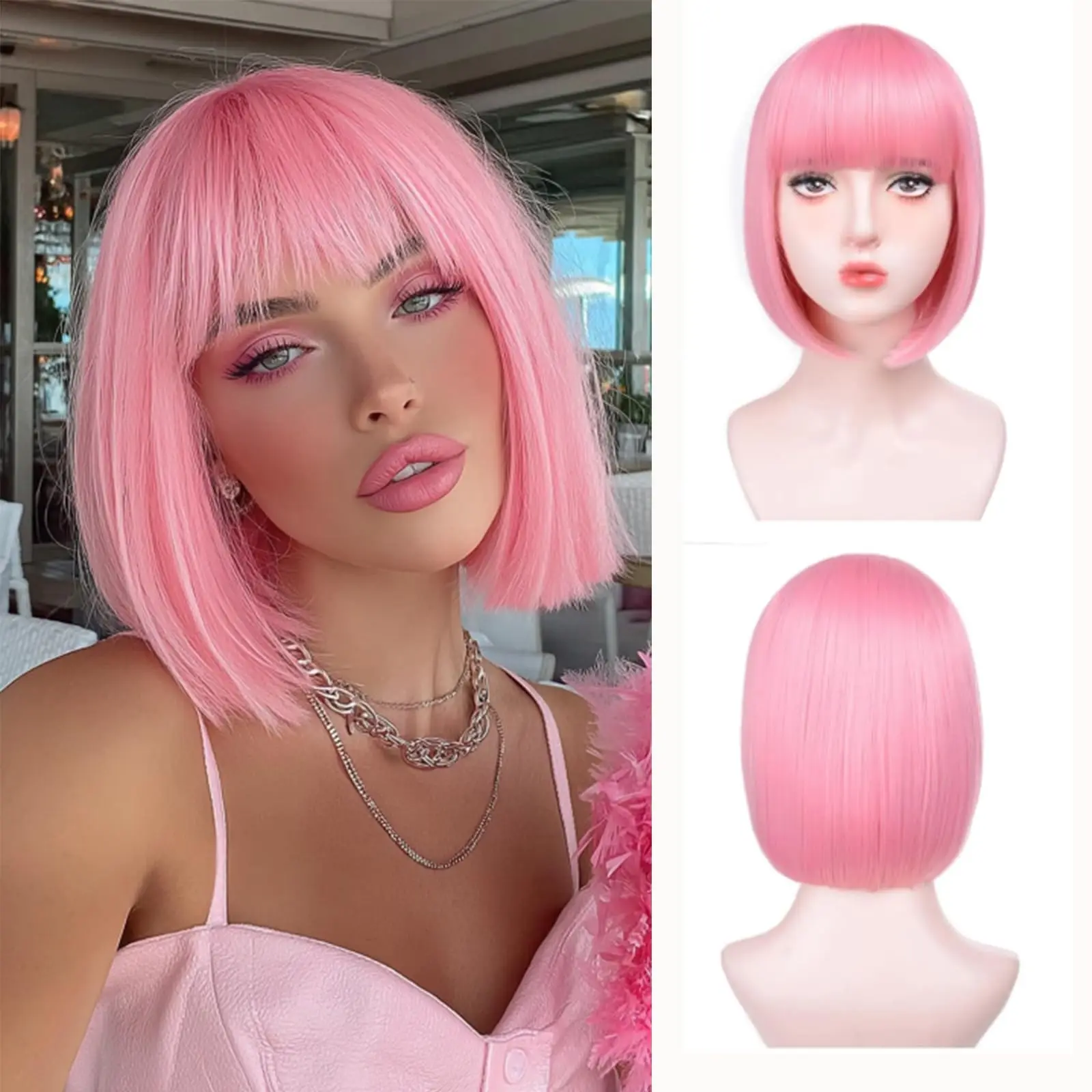 

Модный синтетический парик с розовой прической Боб для вечеринки, парик для косплея на Хэллоуин, ежедневный высокотемпературный комплект аксессуаров для волос
