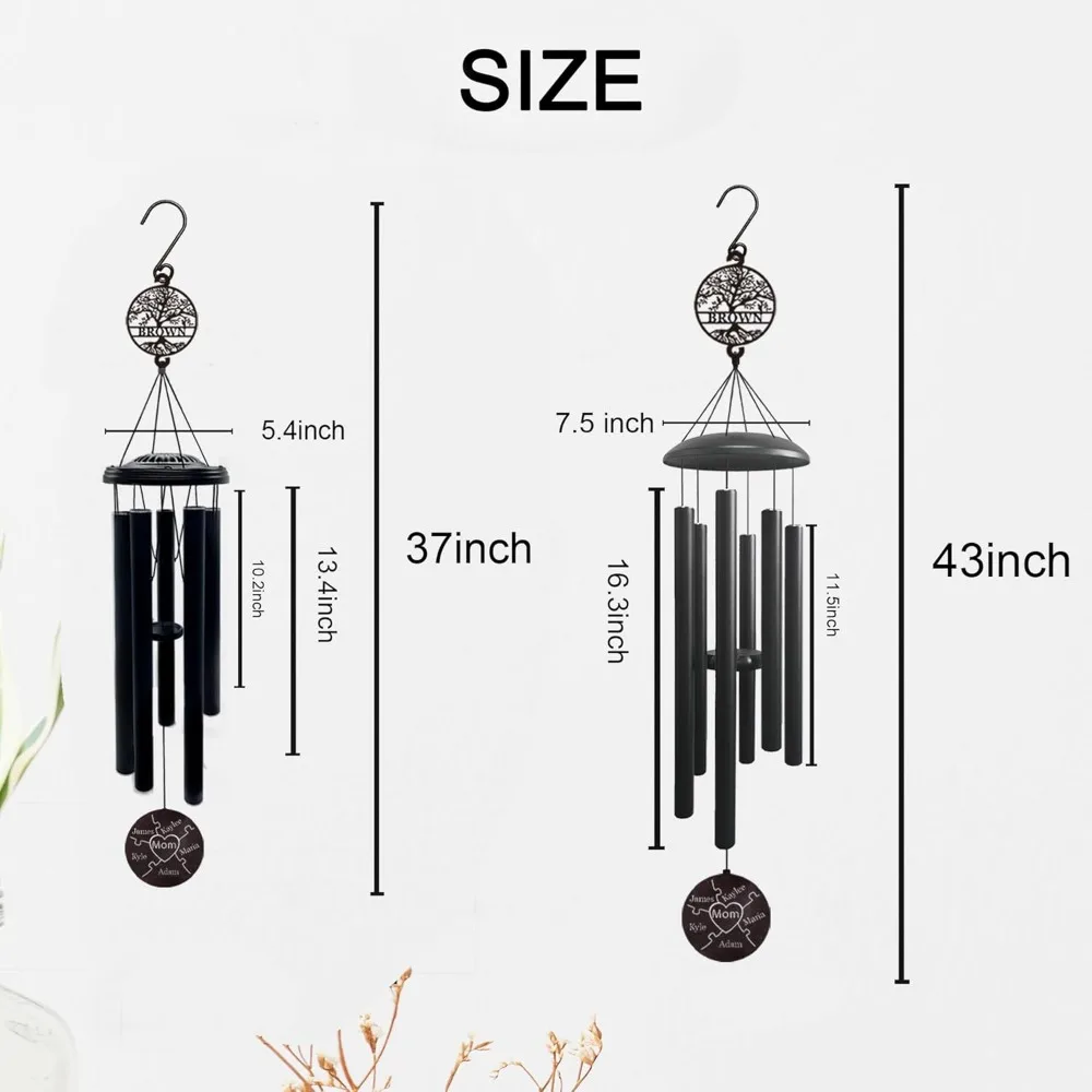 Campanas de viento de árbol de la vida grabadas personalizadas de 37 pulgadas: regalo perfecto para el día de la madre de los niños