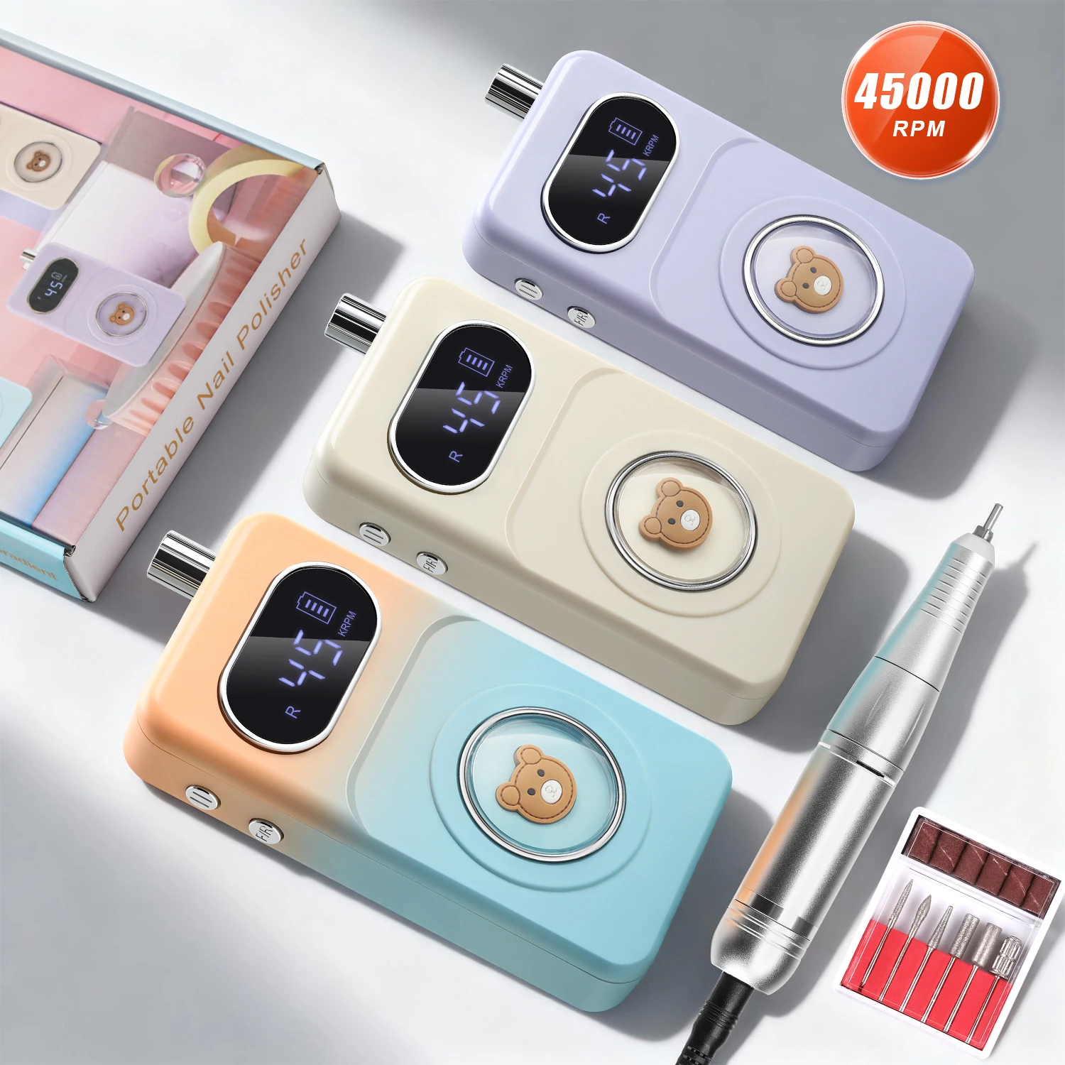 

Rechargeable Nail Drill Machine 45000RPM Portable Electric Nail File with Cute Bear Design, Adjustable Speed & LCD Display