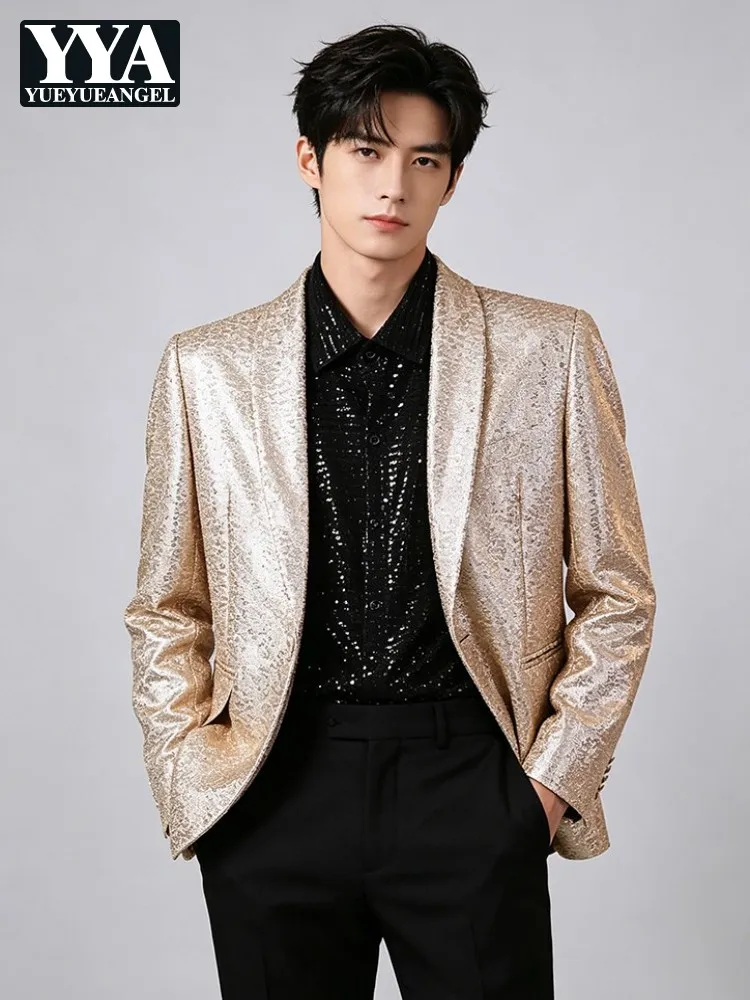 Fashion Males Champagne Sequined Suit Jacket Stage Performance Outerwear Mens Host Blazers Street Dance Single Button Coats
