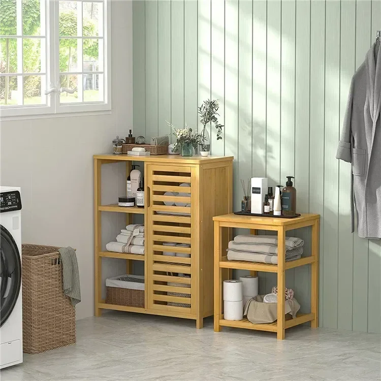 Floor Freestanding Bamboo Bathroom Storage Cabinet With Shutter Door And Shelves For Home