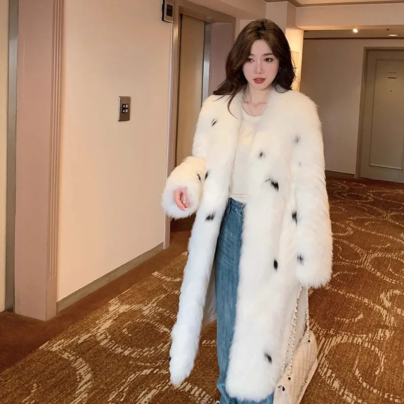 

Women's Clothing Fur Coats Fluffy Faux Fox Fur Leopard Print Spots Overcoats V-neck Mid-length Furry Trench Coats Winter New