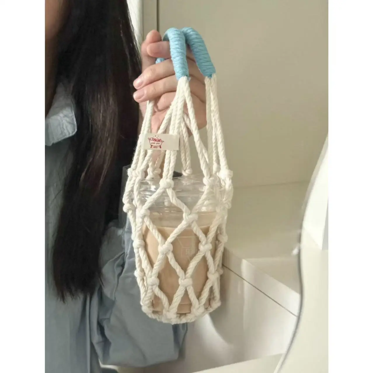 5pcs Portable Reusable Rope Net Cup Holder with Short Handle Anti-Scald Drink Carrier Knitted Water Bottle for Takeaway Coffee