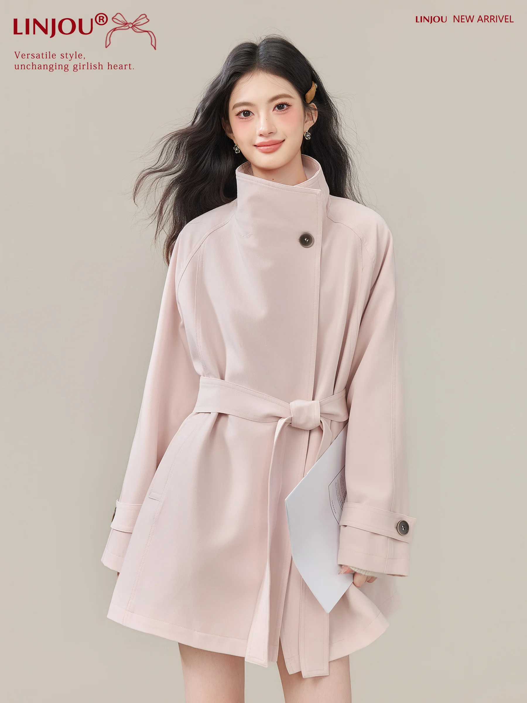 

Loose Women's Stand Collar Windbreaker Coat with Belt Autumn New Sle LingJiu Berry Coast Movie Viewing Polyester Blend Long...
