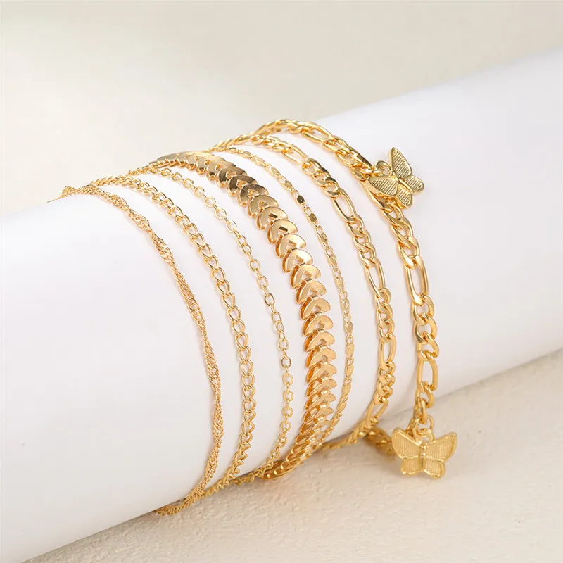 طقم خلخال فراشة وقلب عتيق ذهبي اللون للنساء ، خلخال متعدد الطبقات ، سوار على قدم الساق ، هدايا مجوهرات الشاطئ ، 7 في كل مجموعة #5