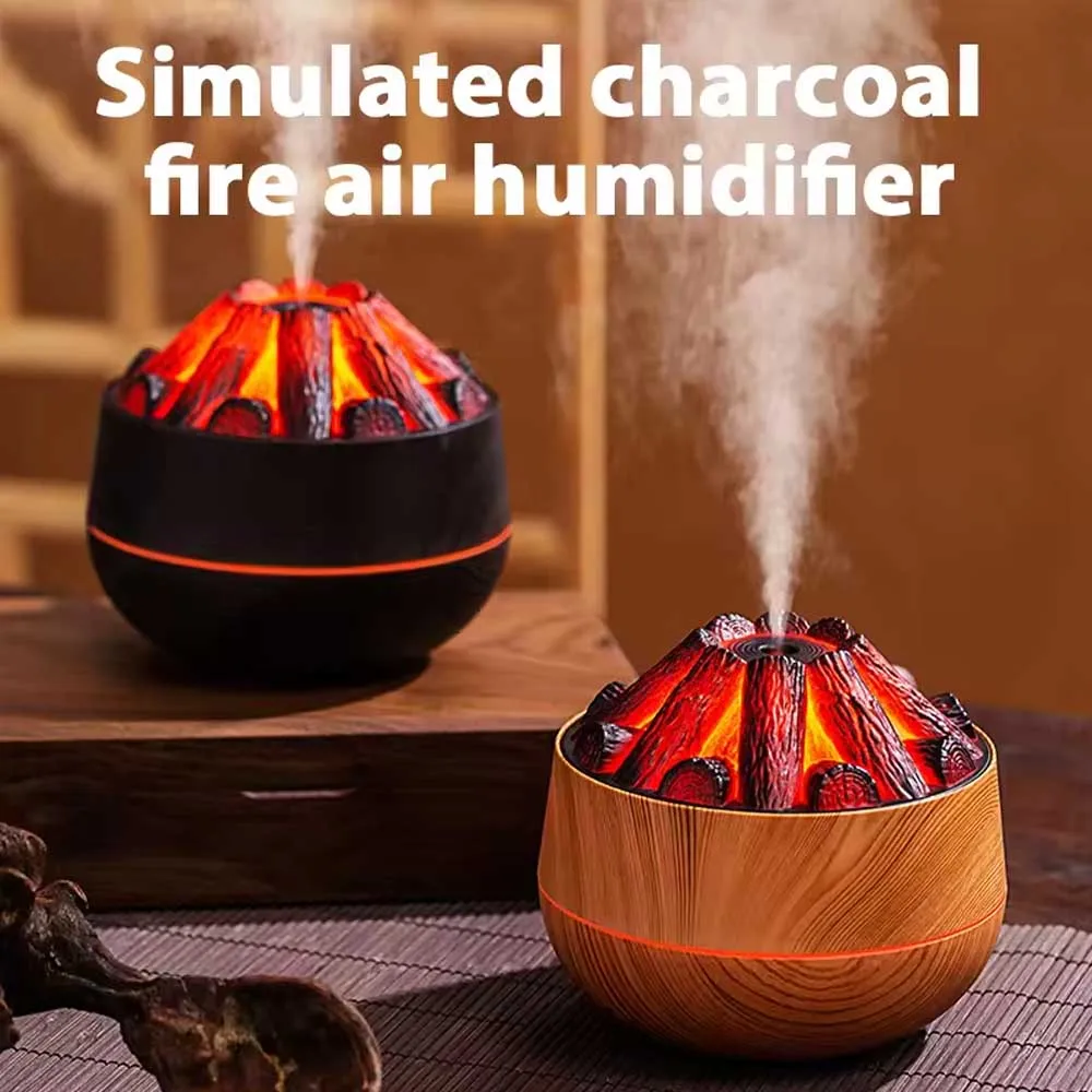 Charcoal-Style Humidifier, Ultrasonic Aromatherapy Diffuser with Flame Effect, Wood-Grain Desktop Mist Humidifier