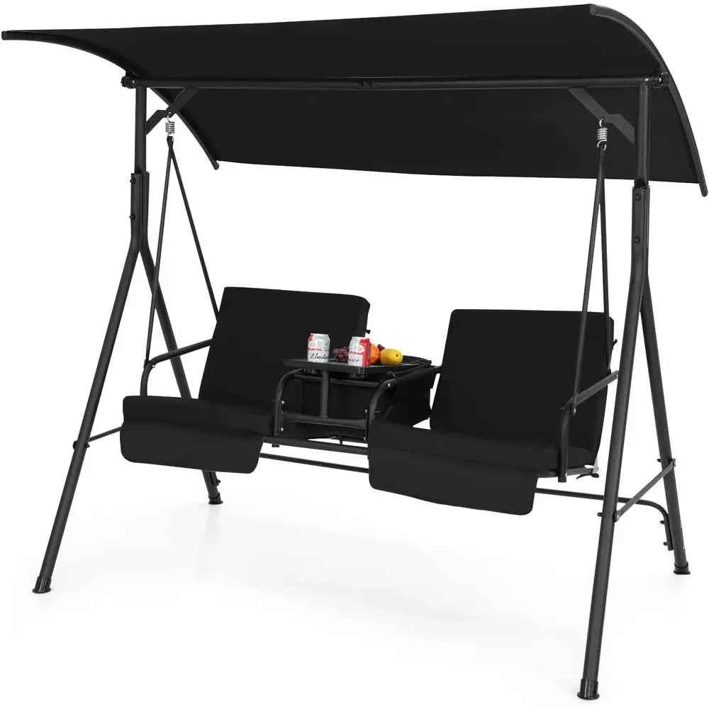 Black 2-Person Outdoor Swing with Pivoting Table, Cooler, Cup Holders, and Cushions for Patio or Poolside