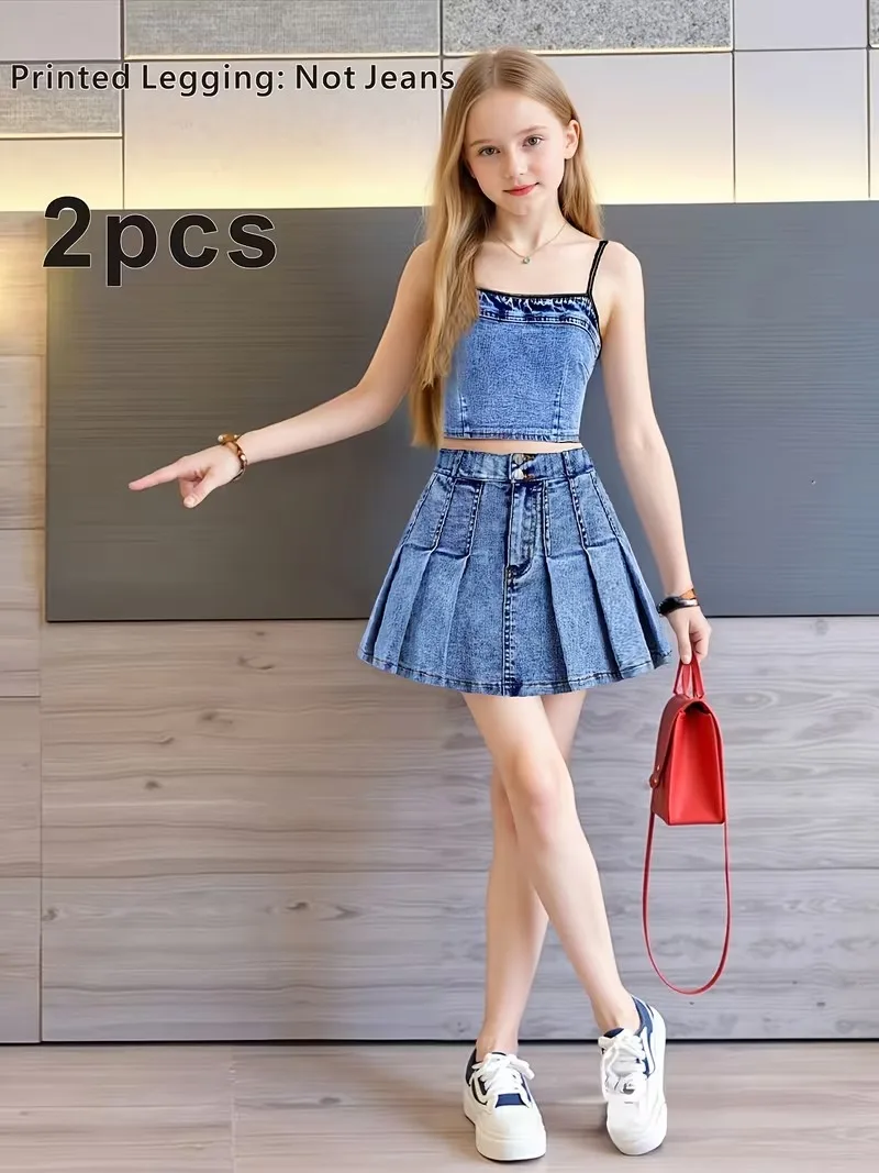 Fashionable Summer Two-Piece Set for Girls: Denim Tank Top and High-Waisted Pleated Skirt (Faux Denim Print)
