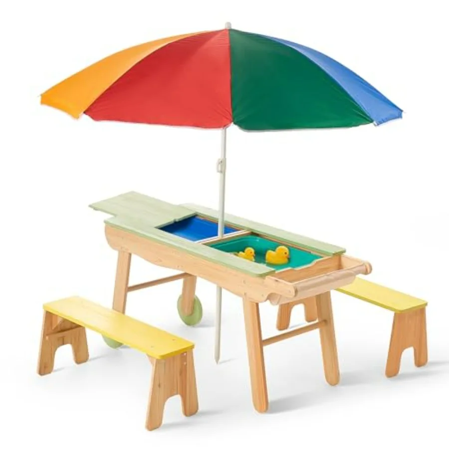 3 in 1 Picnic Table for Indoor Outdoor Use, Plastic Sand and Water Activity Table in Blue, Height Adjustable Umbrella 2 Storage