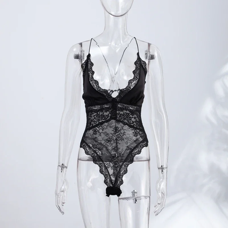 Sexy Schwarzer Damen-Spitzenbody, schmal geschnitten, Neckholder, rückenfrei, ärmellos, Party- und Abend-Jumpsuit, Sommer 2026, kurzer Damen-Jumpsuit – Detail 1