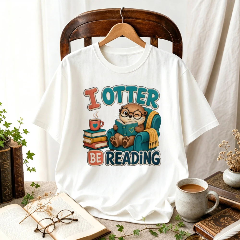 I Otter Be Reading Cute Book Lover Graphic T Shirt Kawaii Otter Coffee Bookworm Cartoon Print Casual Unisex Cotton Reading Tees