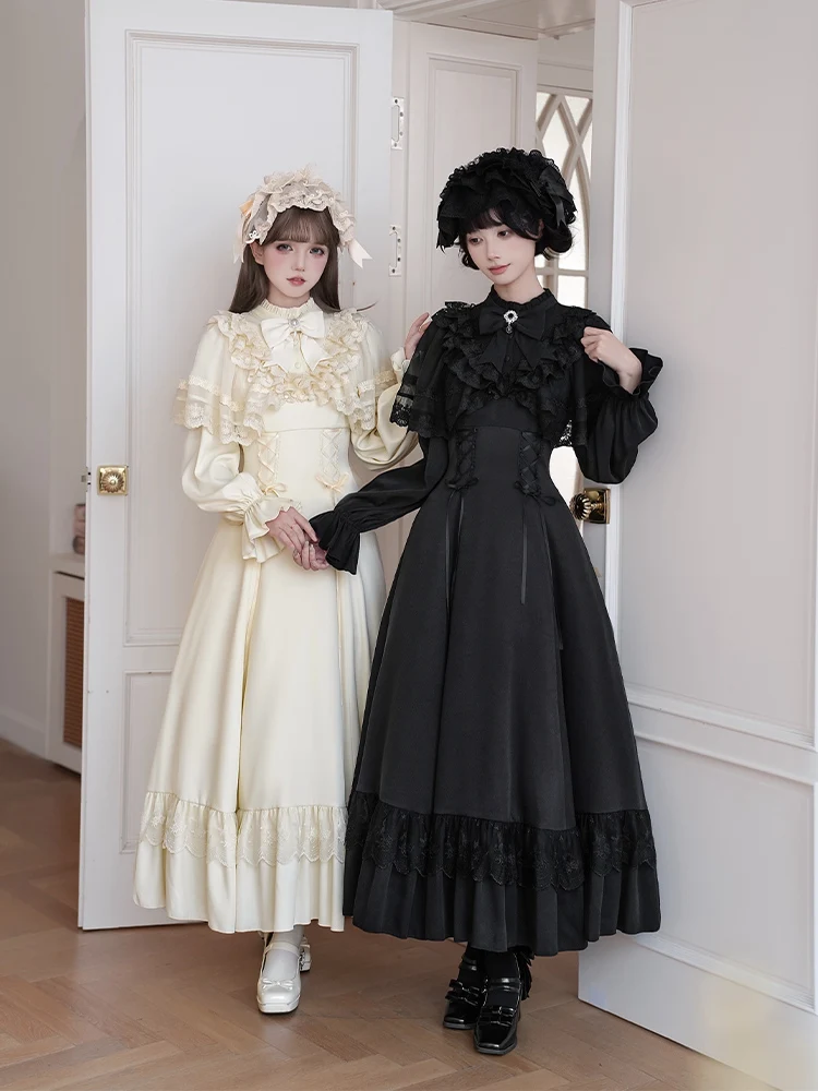 Lettre et poème · jour et nuit avec Puji Original robe élégante à manches longues châle détachable robe jumelle rétro robe Lolita