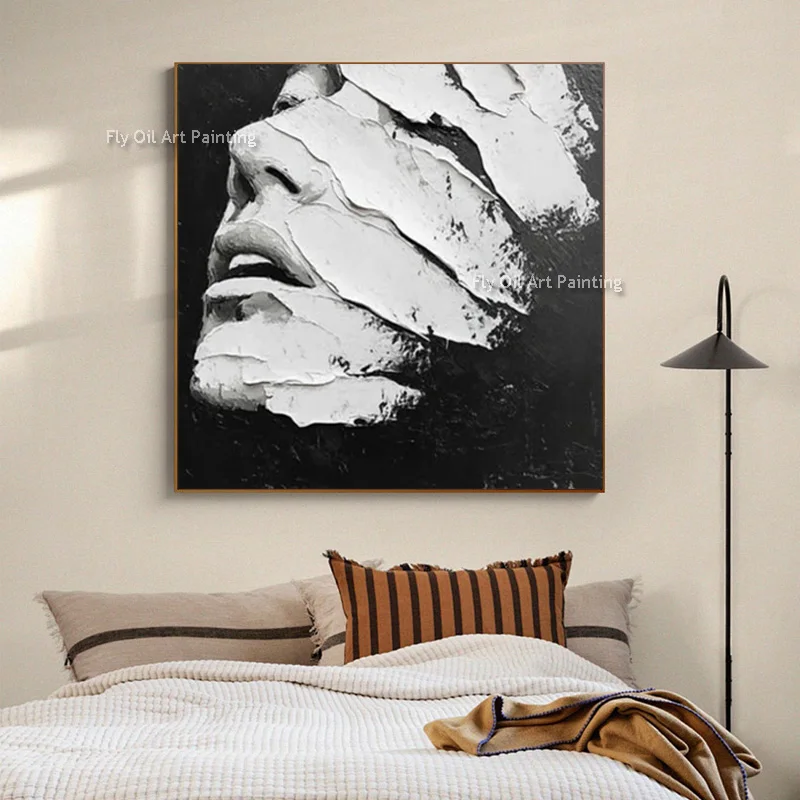 New Popular Black White Knife Thick Women Face Artwork On Canvas Handmade Black Gray Couple Kiss Oil Painting For Bedroom Decor