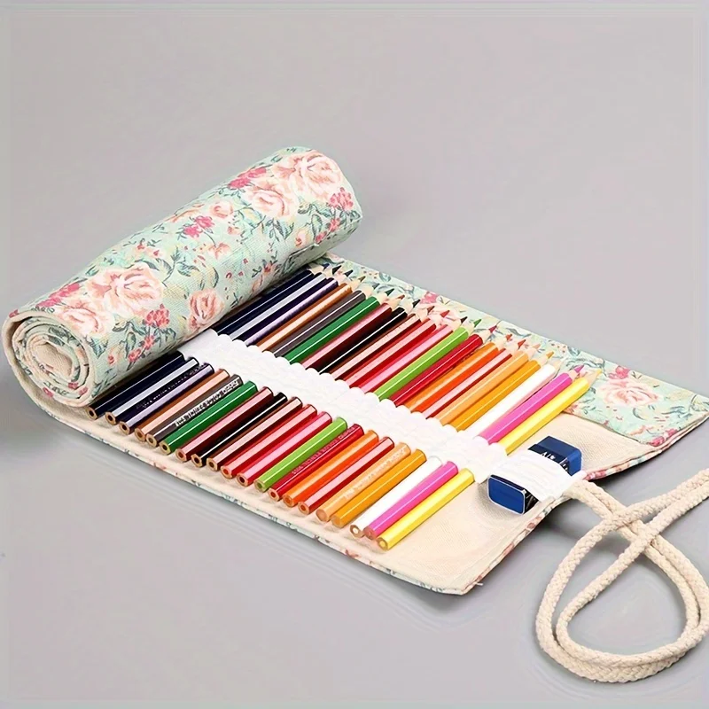 12/24/36/48 Slots Creative Rose Print Handmade Canvas Art Pencil Roll, Large Capacity Roll-Up Pencil Case for Colored Pencils, Sketching Stationery Bag, Pencil Case, Drawing Colored Pencil Case, Large Capacity Pencil Bag, Minimalist Stationery Box