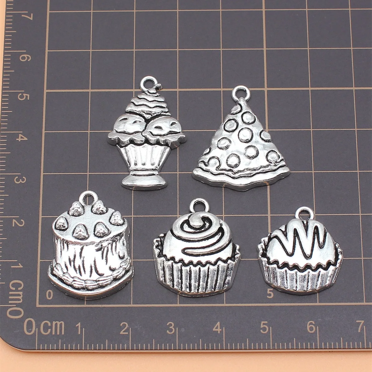 5pcs Antique Silver Color Ice Cream Cupcake Pizza Charms Collection For DIY Jewelry Making, 5 Styles, 1 of Each