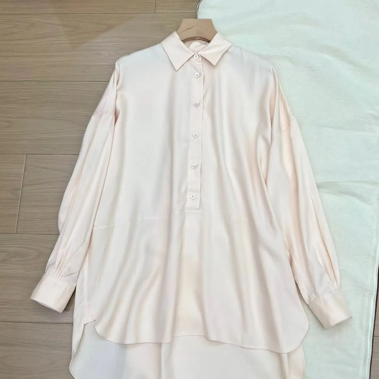 Spring  Women's Shirt Half Placket Silk long-Sleeved Shirt Turn-Down Collar Blouse Female Top Woman's Clothing White Pink