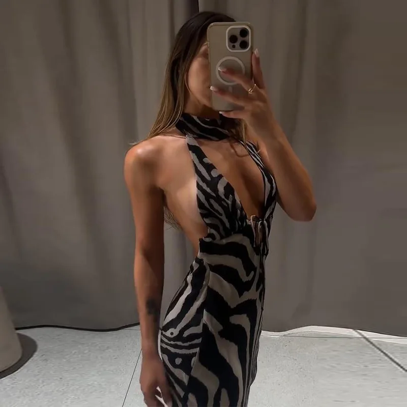Zebra-Bedrucktes Neckholder-Maxikleid für Damen, Sexy, Ärmellos, Rückenfrei, Tailliert, Hüftbetont, Schlankes Abendkleid, Elegante Damenroben – Detail 9