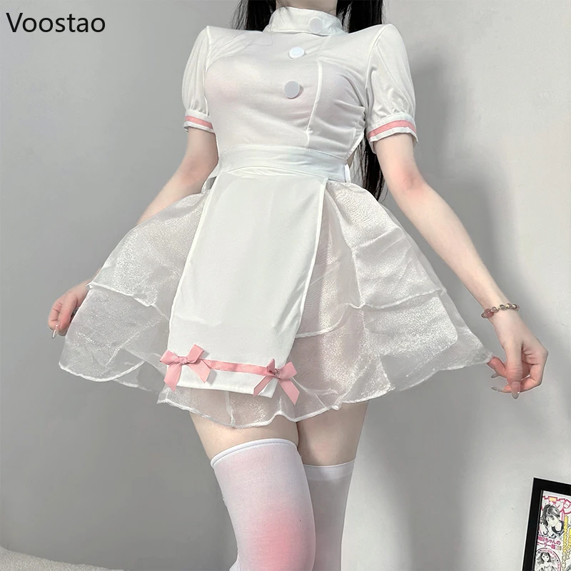 Kawaii Lolita Women Halloween Dresses Nurse Maid Cosplay Costumes Sexy Lingerie Mesh Mini Dress Role Play Backless Uniform Set