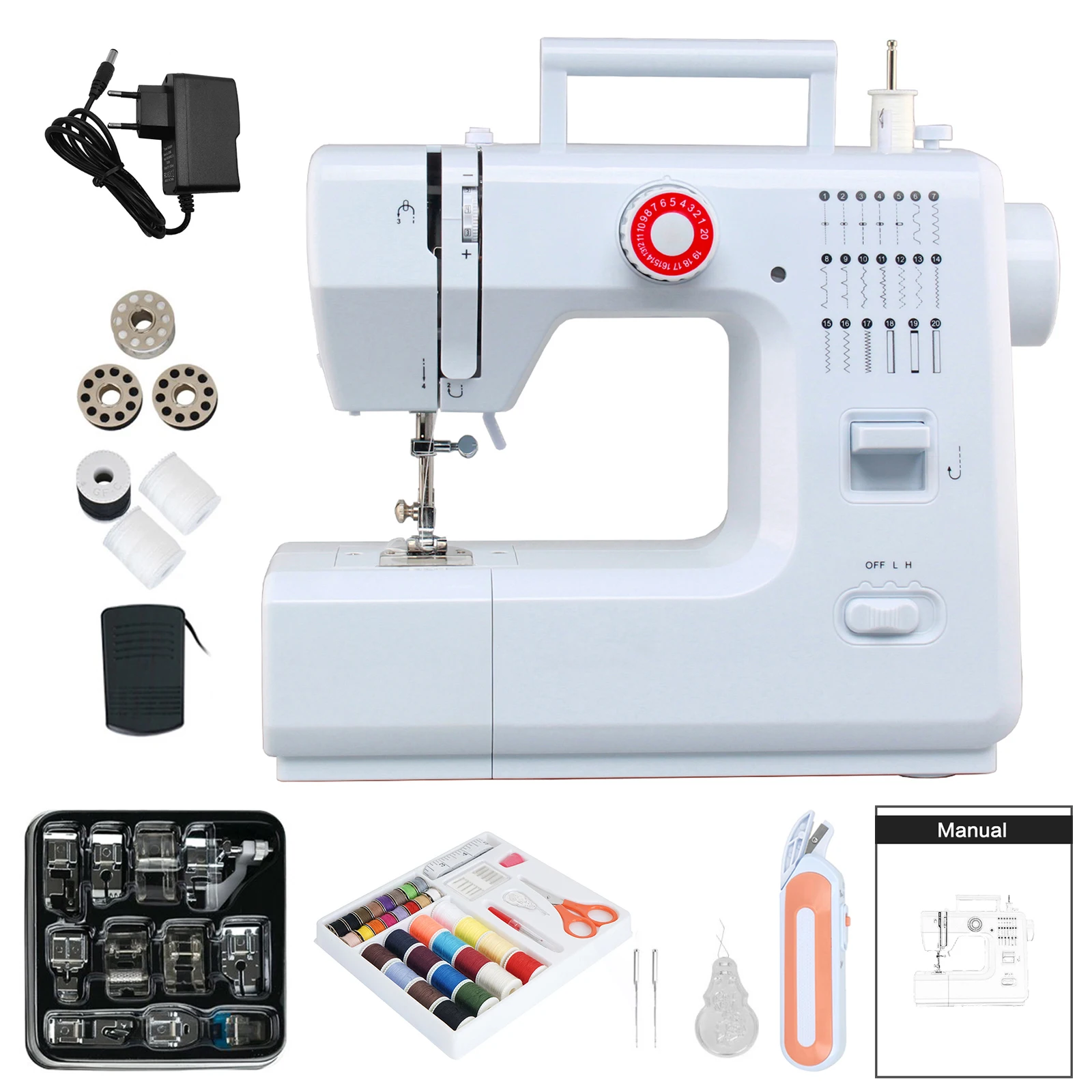 Macchina da cucire 20 punti 618 con forbici elettriche 42 pezzi Kit da cucito 11 pezzi Piedino EU 220 V