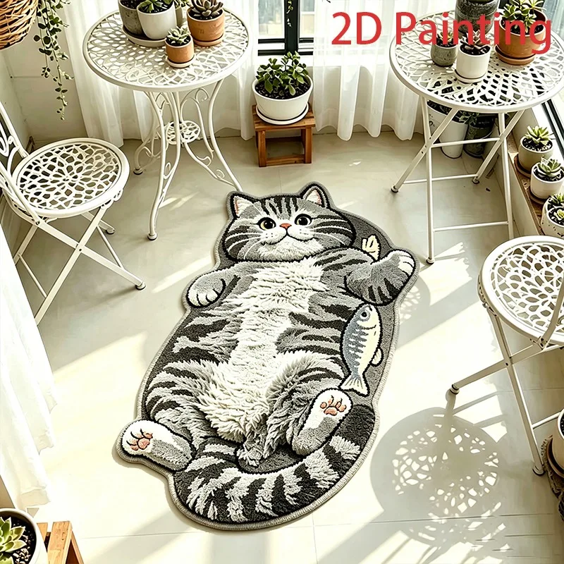 Cute Cat Salted Fish Pattern Rug Fashion Fun Living Room Decorative Carpet Soft Plush Comfortable Bedroom Bedside Floor Mat