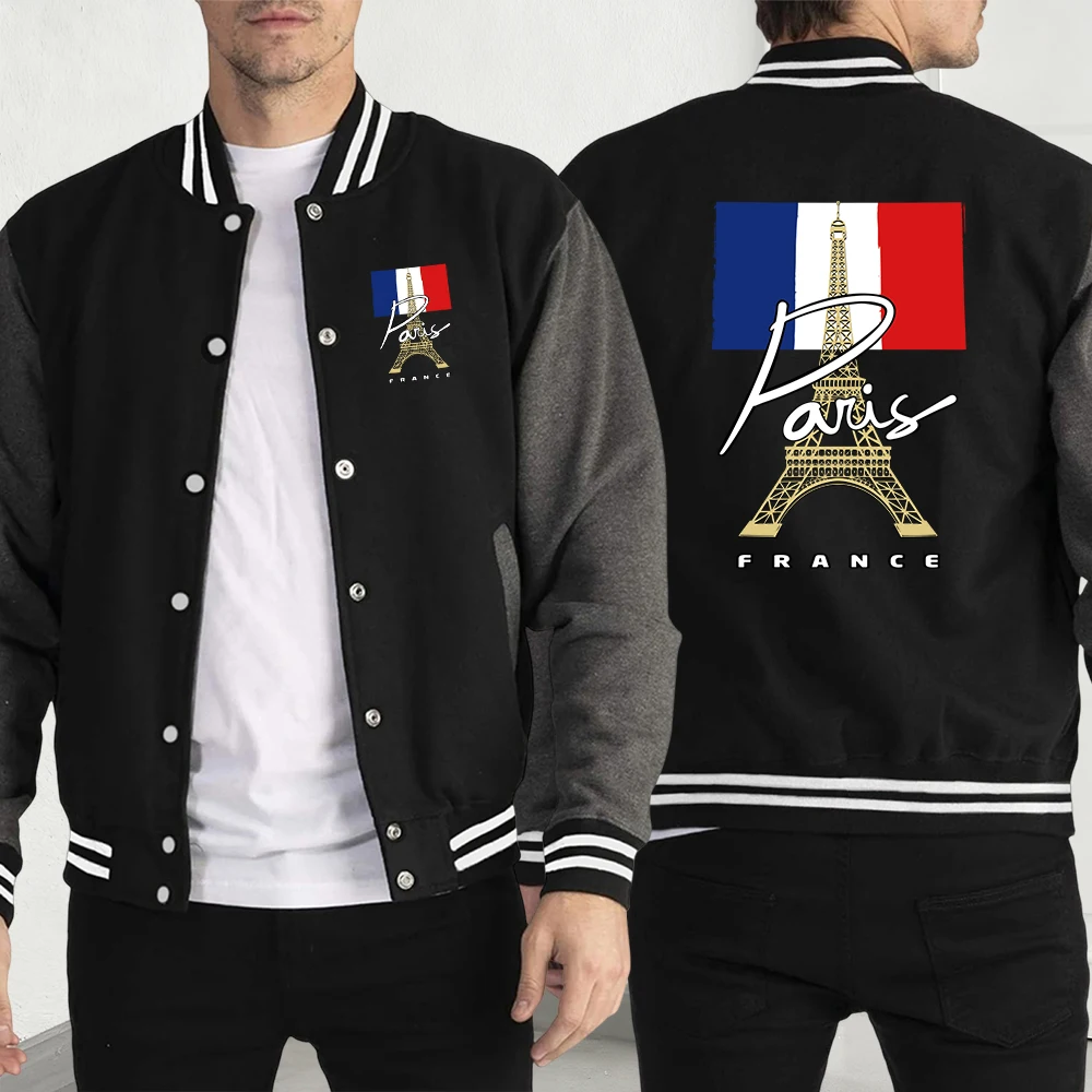 

Франция Парижская башня с принтом Мужская куртка Осенняя уличная одежда Простота Повседневное пальто Флисовый свободный бейсбольный трикотаж Модная одежда