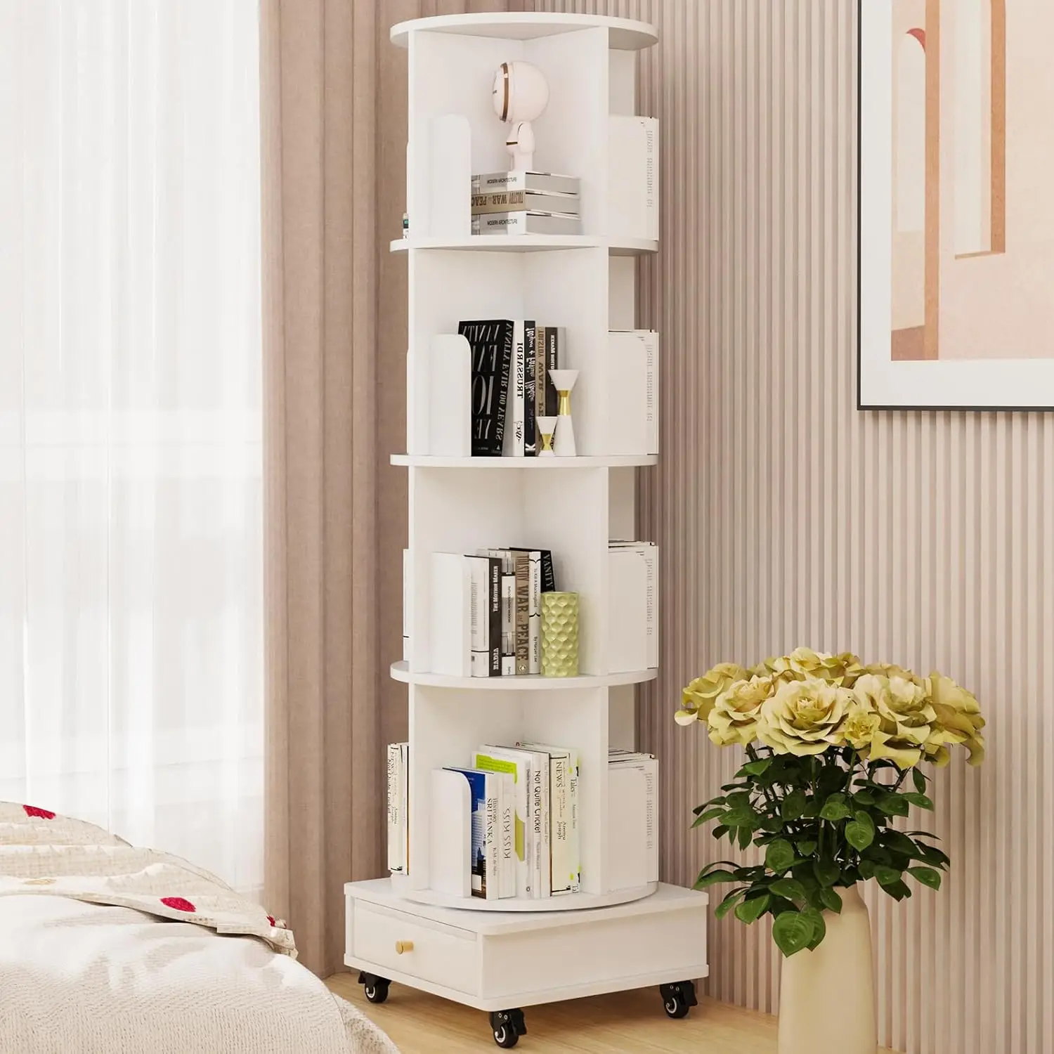 4 Layers Rotating Bookshelf Mobile Bookshelf With Single Drawer Rotatable Bookcase Storage Shelf Book Organizer Bookshelf