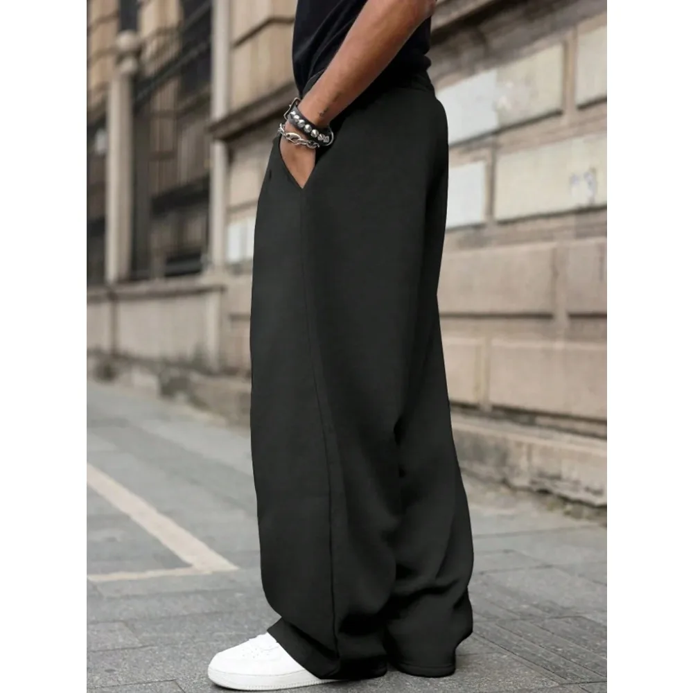 Men's loose wide-leg pants solid color drawstring casual style long sports pants for autumn and winter wear. men clothing - Image 3