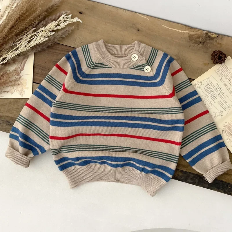 Baby Casual Sweater for Girls Boys Clothes 2023 Autumn Winter New Infant Fashion Knitted Striped Long Sleeve Pullover Tops