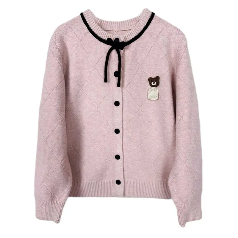 New bow design single breasted teddy bear embroidered round neck long sleeved cardigan spring knitted loose jacket