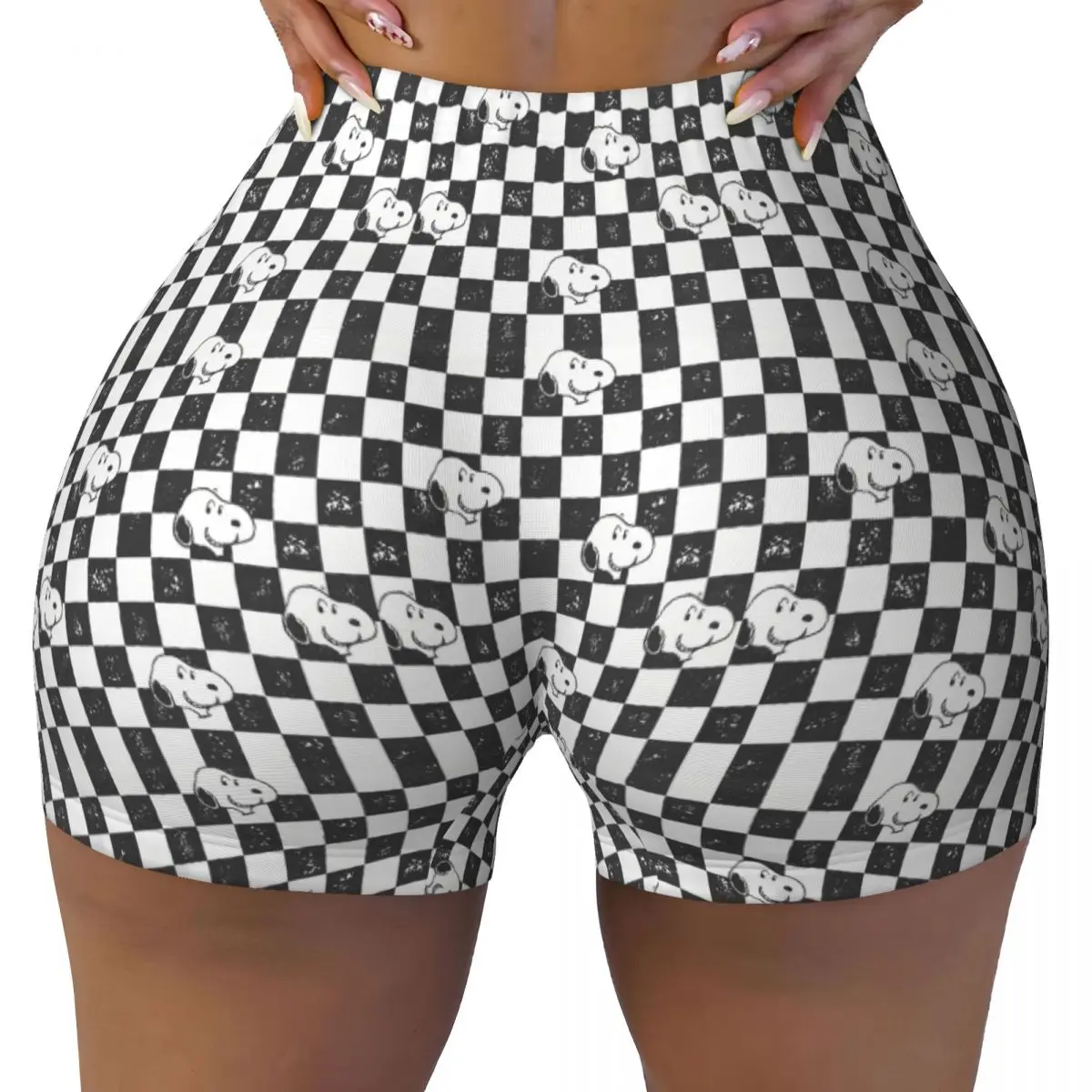 

Custom Snoopy Checkered Flag Workout Shorts for Women Cartoon Comic Dog Gym Volleyball Biker Yoga Shorts