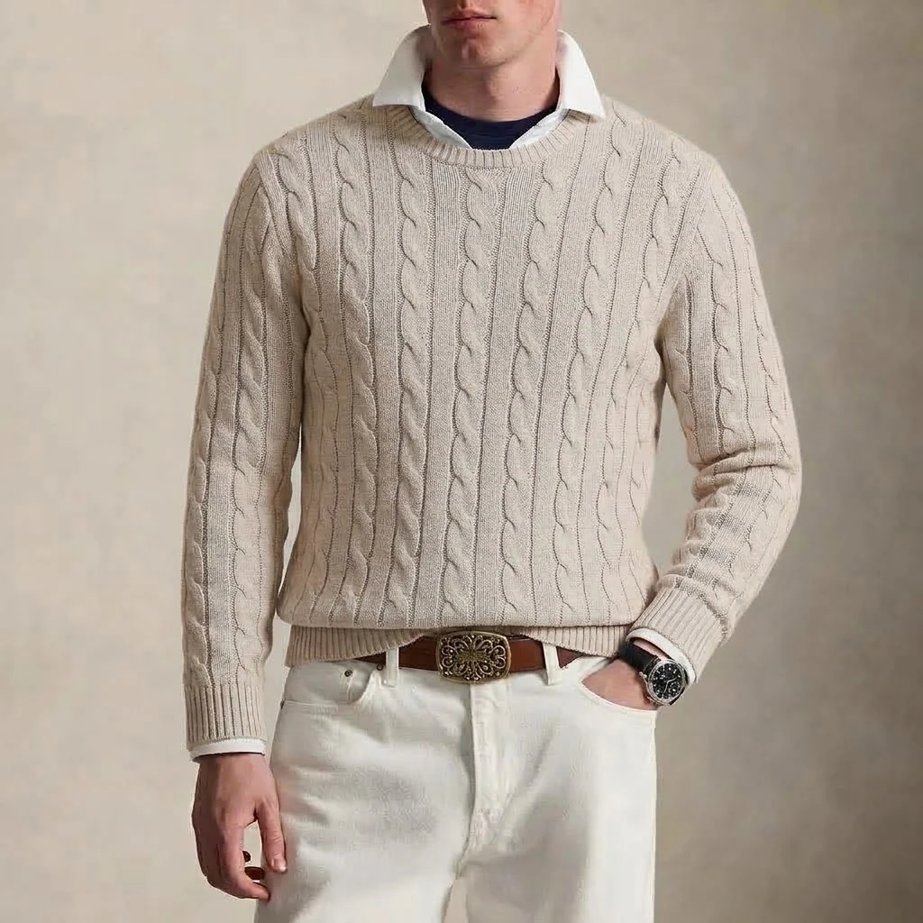 Herren-Pullover im Vintage-Stil mit Zopfmuster, Rundhalsausschnitt, Herbst, Langarm, Strickoberteil, lässig, Business, warm, Winterpullover, Kleidung – Detail 5
