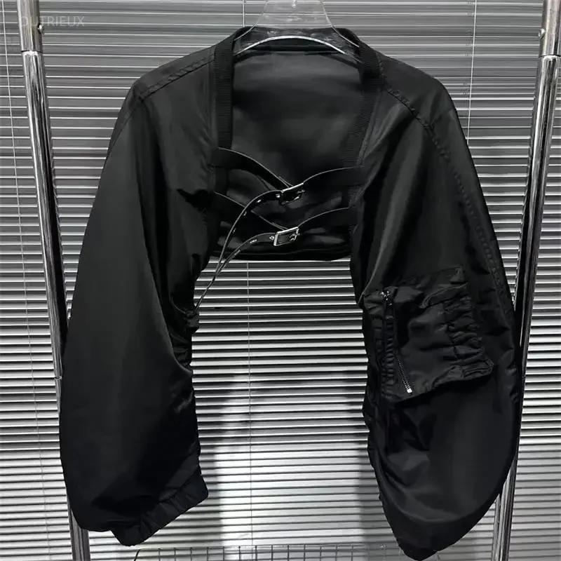 Autumn New Niche Design Black Shoulder Vest Women's Leather Flight Plane Style Cropped Jacket Crew Neck New