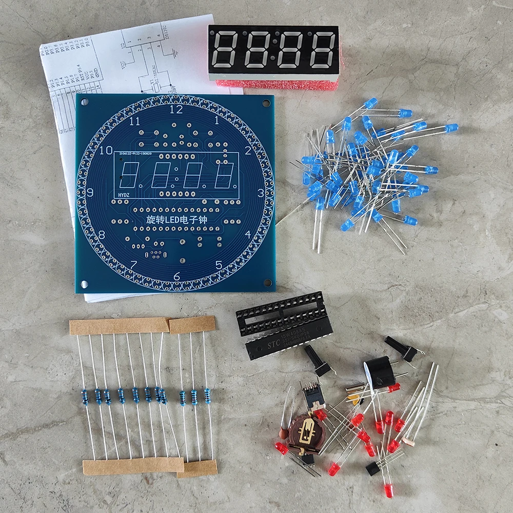 51 SCM Rotating LED DIY Electronic Digital Clock Kit DS1302 Light Controlled Temperature Display School Fun Soldering Assembly