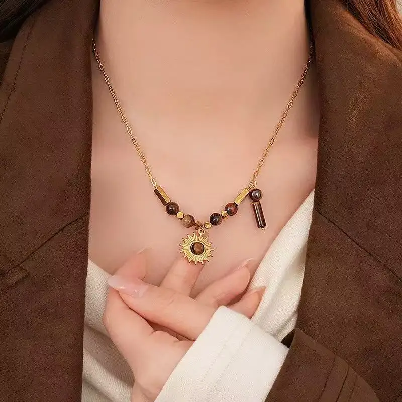 EILIECK 316L الفولاذ المقاوم للصدأ المعادن خمر براون الخرز قلادة قلادة 18K PVD مطلي مقاوم للماء موضة حلية مجوهرات النساء