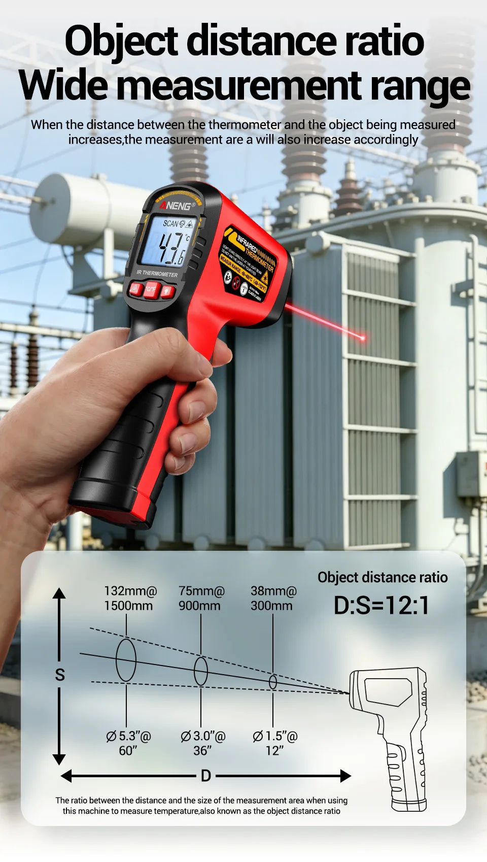 ANENG TH204 Infrarot-Thermometer Handgehaltene Temperaturmesspistole Berührungsloser Laser-Wärmetester -50-400 ° C für Industrie, Haushalt, Automobil – Detail 10